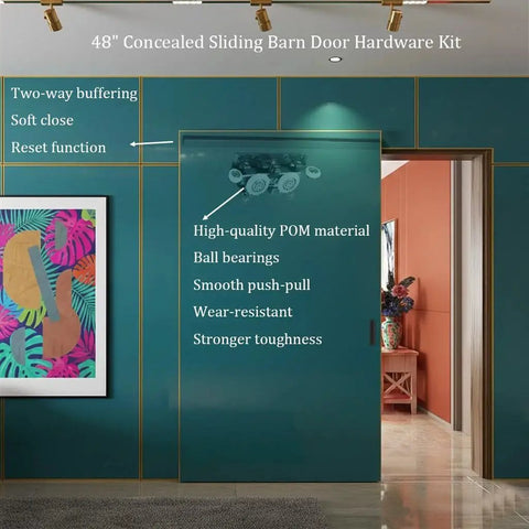 48 Inch Concealed Sliding Barn Door Hardware Kit showing door installation details and features in modern interior space