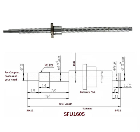 16mm CNC Ball Screw Kit SFU1605 RM1605 Anti Backlash diagram and dimensions for DIY CNC rigs with 39.37 inch length, nut, and supports.