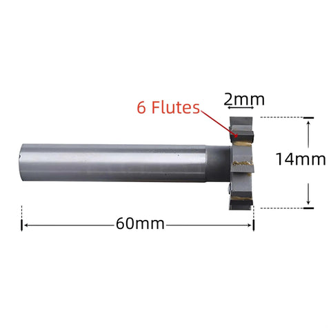 Unfinished HSS Aluminum T Slot End Mill, 14mm Diameter, 6 Flutes, 60mm Overall Length, 2mm Cutting Depth, Corner Radius