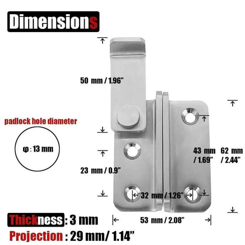 Black Stainless Steel Flip Latch Extra Thick 3mm Heavy Duty Gate And Door Latch With Safety Packlock Hole, dimension details shown