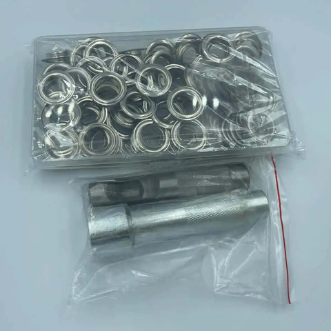 Pro Grade 17mm Eyelet Setter Tool And Die Punch Kit with 100 silver grommets in package, durable steel handheld puncher