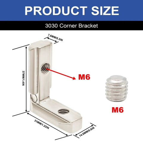 Product size diagram showing 26Pcs 3030 Inside Corner Brackets Set with M6 screw for 3030 aluminum extrusion, silver finish.