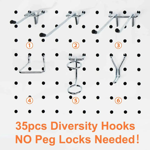 Pegboard Hooks And Accessories Kit For 1/8 Inch And 1/4 Inch Pegboards, 38 Piece Set with diverse hooks on display.