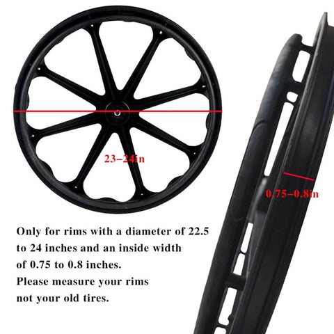 Solid Wheelchair Rear Wheel Replacement Tire 24 Inch By 1 Inch Universal Flat Free Polyurethane Tire With Tools Included Non Pneumatic Puncture Proof Wheelchair Accessory Pair For All Brands, showing side and front view of black tire with measurement guide