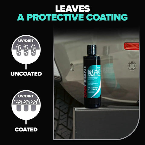 Plastic Restorer for Cars Deep Black Shine for Trim and Vinyl UV Protection bottle next to car bumper.
