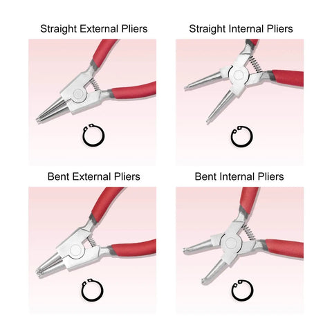 Set of straight and bent external and internal pliers with red ergonomic handles for snap ring removal and retaining installation.