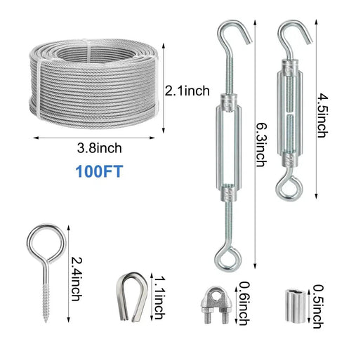 Heavy Duty Pro Grade DIY Friendly One Eighth Inch Wire Rope Kit, 100 Ft PVC Coated Galvanized Cable With Turnbuckles, Hooks