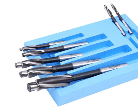 H.S.S. Solid Cap Screw Counterbore Set, 7 Piece, 3 Flute, Straight Shank, Inch Size Counterbores, precision milling tools in foam tray