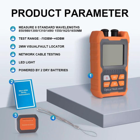 Orange OFCN mini 4-in-1 portable optical power meter with LCD and keypad; blue manual and visual fault locator.