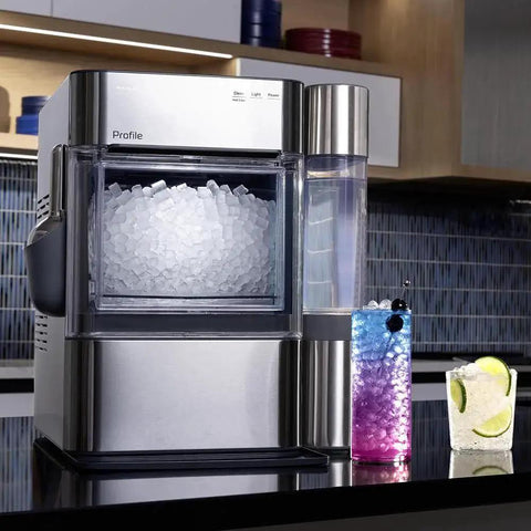 Front view of GE Profile Opal 2.0 Nugget Ice Maker With Side Tank Pellet Ice WiFi 38 Lb 24 Hr on kitchen counter