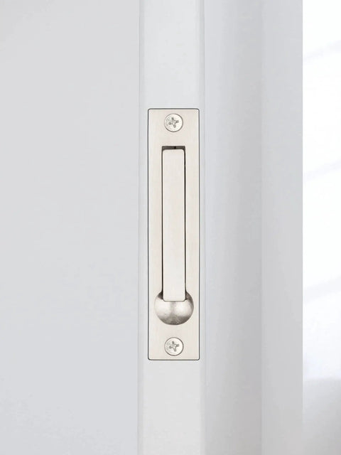 Pocket Door Edge Pull 4 Inch Hidden Flush Mount Handle for Pocket Sliding Doors Spring Loaded Self Retracting Lever in use