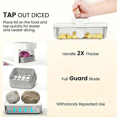 Must Have 8 In 1 Vegetable Chopper And Mandoline Slicer With Container handle, guard blade, and dicing demonstration