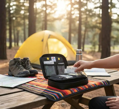 Person using Grab And Go Travel Medical Kit With 20 Essential Medications for Pain Cold Allergy on picnic table in forest