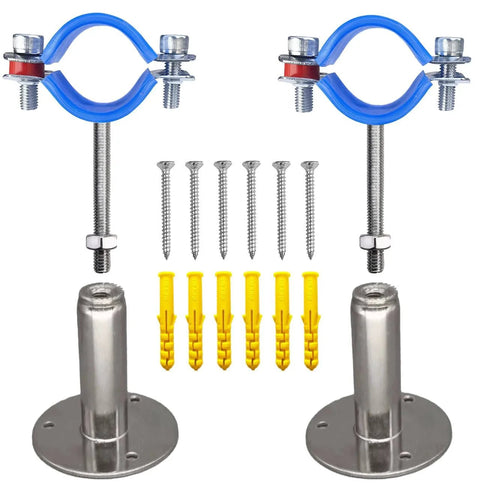 Stainless Steel 304 Wall And Ceiling Pipe Mounts Two Pack, Adjustable Pipe Clamps And Hangers For 48 To 51 Mm OD Pipes, Height Adjustable 50 To 100 Mm, Corrosion Resistant For Humid Environments, image of pipe mounts, clamps, and screws