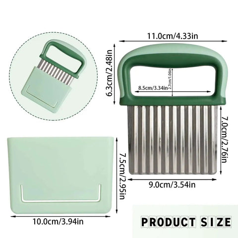 Crinkle Cutter For Veggies And Potatoes With Protective Case And Handle Stainless Steel Wave Cutter For Carrot Slicer French Fry Cutter Onion Chopper Green Durable 0.02 Inch Blade Measures 3.54 By 2.75 Inches with dimensions shown