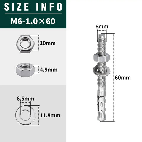 12 Pack M6 1.0 By 60mm Wedge Anchors Stainless Steel 304 Grade 18 8 Concrete Anchor diagram showing size dimensions
