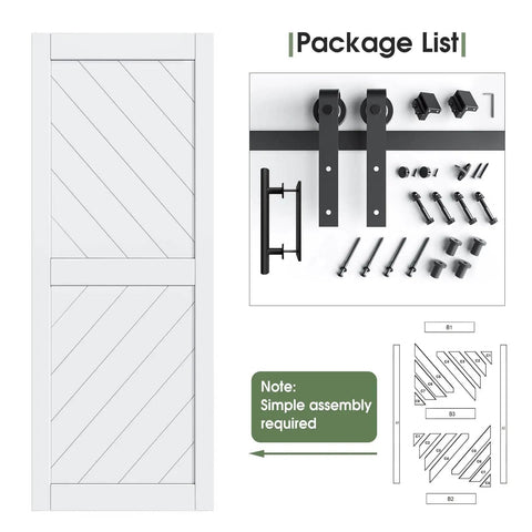 32 By 84 Inch Sliding Barn Door With Hardware Kit And Handle Included, Solid MDF Slab Covered In Waterproof And Scratch Resistant PVC, Chevron Pattern front view with hardware components.