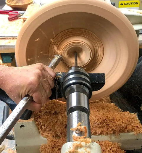 Person using 90 Detailer Carbide Wood Lathe Turning Tool For Fine Detail Work Full Size Stainless Steel Unhandled USA Made By Harrison Specialties