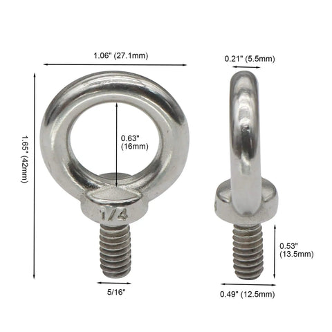 Four Pack Quarter Inch UNC Eye Bolts, 316 Stainless Steel Marine Grade Shoulder Lifting Rings, Heavy Duty Rigging Eye Bolts dimensions