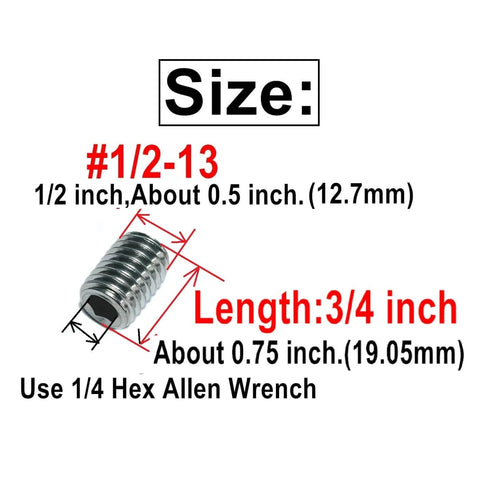 Eight Piece 1/2-13 by 3/4 Inch Hex Socket Set Screws 304 Stainless Steel Allen Head Grub Screws with 1/4 Inch Allen Wrench