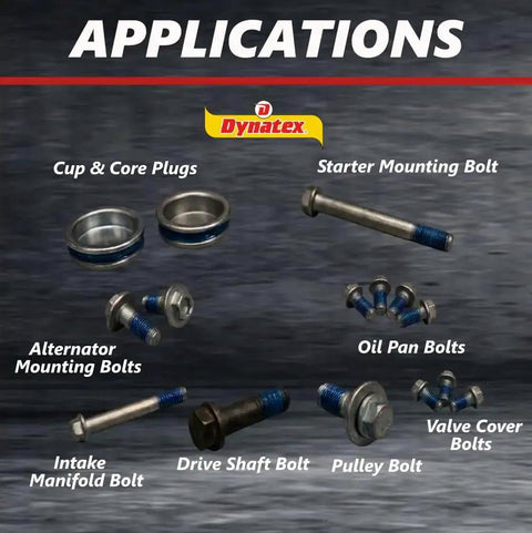 Applications for Blue Medium Strength Gel Threadlocker 0.20 Ounce Bottle For Metal Fasteners Removable With Hand Tools DIY Friendly Vibration Resistant Solvent Resistant Ideal For Disassembly And Future Maintenance shown on various bolts and plugs
