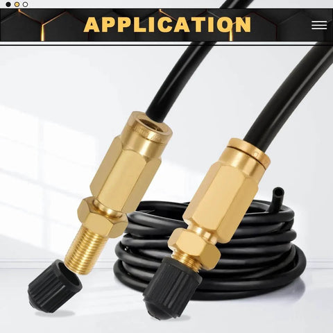 Two Pack Schrader Valve Adapter With Push To Connect Button For One Quarter Inch OD Air Hose Fittings For Semi Trucks And Trailers DOT Certified High Pressure Inflation Valve Up To Two Hundred PSI displayed with coiled black air hose.