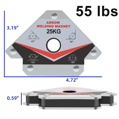 Front and side view of a Six Piece Magnetic Welding Magnet Set With Twenty Five Pound And Fifty Five Pound Holding Power Heavy Duty Magnetic Welding Holders, showing dimensions in inches.