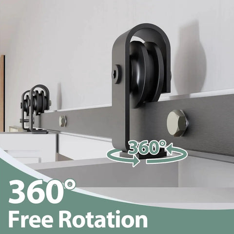 Bi-Folding Sliding Barn Door Hardware Track Kit 72 Inch For Four Doors In Black Finish, close-up of roller mechanism