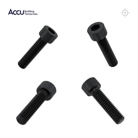Accu M6x12mm full-thread cap head screws, black oxide steel, hex socket; four screws shown