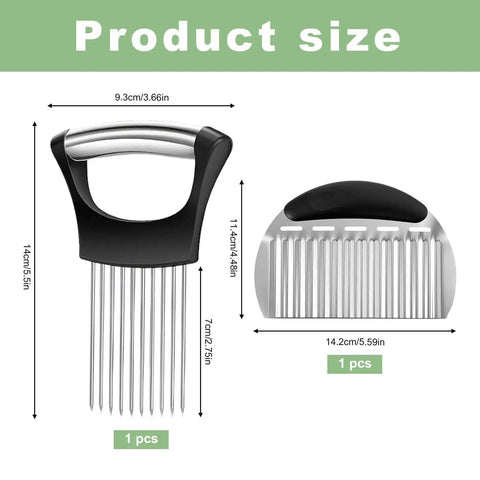 Stainless Steel Onion Holder And Slicer With Crinkle Cutter Multitool Kitchen Gadget dimensions showing ergonomic handle and prongs
