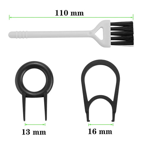 Keyboard cleaning brush with switch opener tools, 110mm brush, 13mm and 16mm openers for mechanical keyboards.