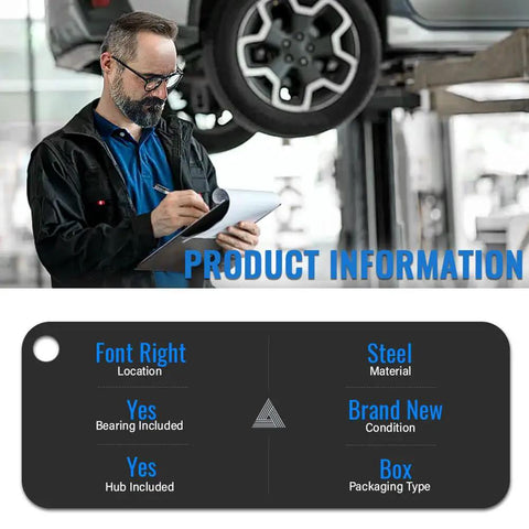 Mechanic inspecting car with product info tag for "Front Left Wheel Hub Bearing And Steering Knuckle Assembly For VW Beetle Cabrio 2010 And Beetle 1998 To 2010 Golf 1999 To 2010 Jetta 1999 To 2005 Driver Side Replacement OEM Grade Heavy Duty Easy Install"