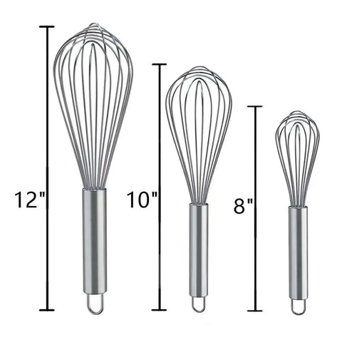 3 Pack Stainless Steel Balloon Whisks Set For Cooking, Blending, Beating And Stirring, Heavy Duty 8 Inch, 10 Inch, And 12 Inch Wires