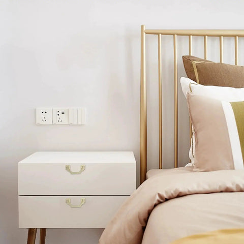 Gold Cabinet Pulls 2 Pack, 2.5 Inch Hole Center Solid Zinc Alloy Drawer Handles on bedside table next to gold bed frame