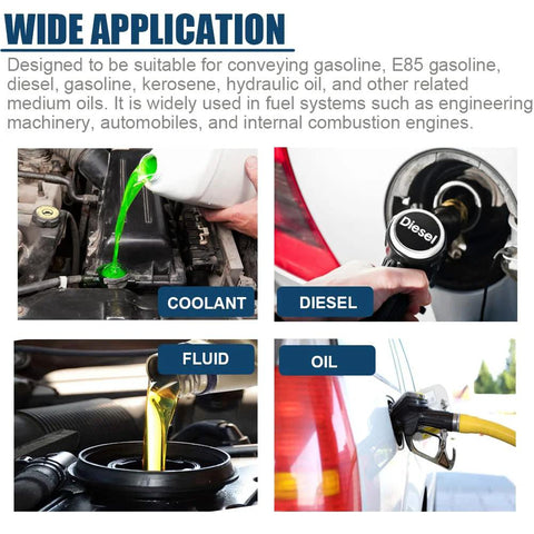 5/8 in high-pressure automotive hose kit with clamps; collage shows coolant, diesel fueling, oil, and transmission fluid use