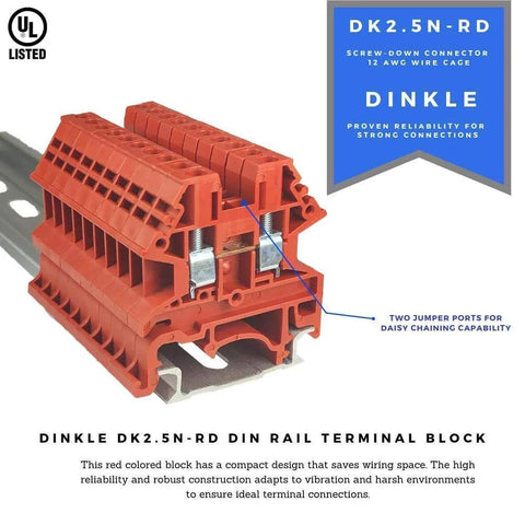 Red DIN rail terminal block with jumper ports, compact design for strong connections, Plug And Play DIN Rail Terminal Block Kit With Aluminum Rail