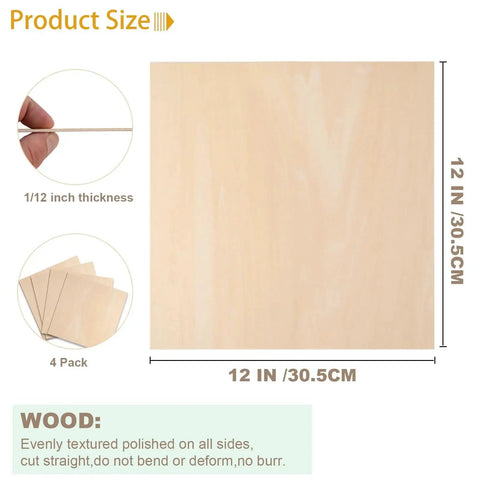 Four Pack Basswood Sheets 12 By 12 Unfinished One Twelfth Inch Plywood Blanks For Laser Cutting Engraving Burning And Crafts