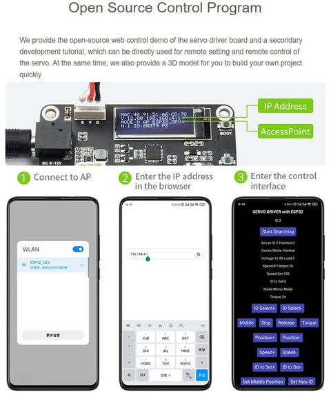 Open source control program for 30Kg High Torque Serial Bus Servo Motor With 360 Programmable Magnetic Encoder, showing setup steps on phones.
