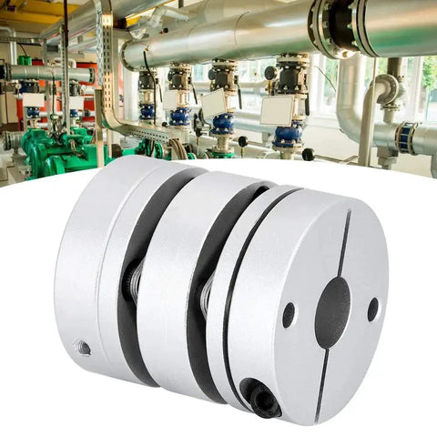 Aluminum alloy shaft coupling with split-disc design, angled front view