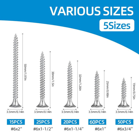 Diagram of Drywall And Wood Screw Kit, 170 Piece Assortment Of Self Tapping Phillips Flat Head Screws in various sizes.