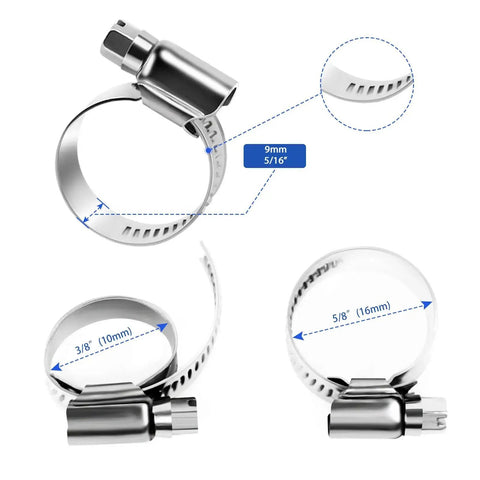Heavy Duty Hose Clamp Set For Fuel Injection Automotive And Garden Use, 14 Piece Clamps Size 4, Stainless Steel 304, close-up view