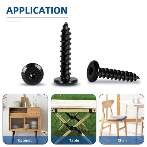 Heavy Duty M4 x 20mm Flat Head Socket Cap Self Tapping Screws Countersunk Wood Screws Made From 304 Stainless Steel 18-8 With Black Finish And Allen Hex Drive 50 Pack For Real World DIY Projects showing side view and application examples for cabinet, table, and chair.