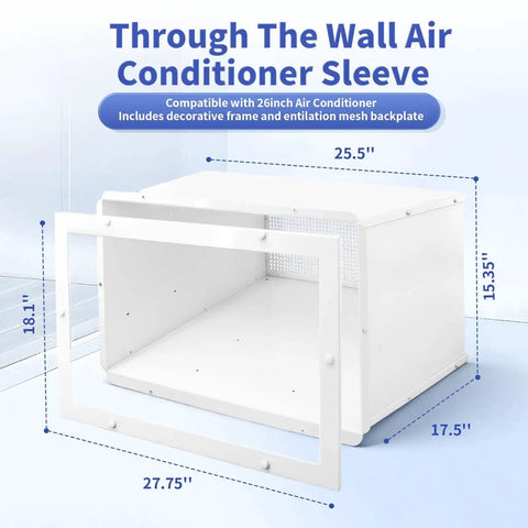 26 Inch PTAC Wall Sleeve for Through the Wall Air Conditioner with decorative frame and ventilation mesh backplate, dimensions labeled
