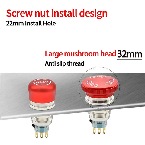 22mm Latching Emergency Stop Push Button Switch SPDT Normally Open Normally Closed Stainless Steel 304 with large mushroom head