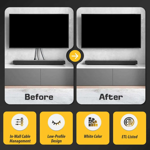 Before and after view showing One And Three Quarters Inch Hole Saw Wall Plate With Brushes For In Wall Cable Management Hides Multiple Cords Behind A Wall Mounted TV And Cameras DIY Friendly Cord Hider For A Clean Modern Home Theater Setup