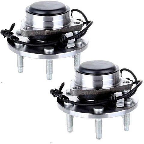 2 Pack Beefy Front Wheel Hub Bearing Assembly With ABS For 6-Lug GM Vehicles Including Express 1500 Silverado 1500 Savana 1500 Sierra Yukon Escalade Avalanche 1500 2WD Only OE 515054, product image showing two hub assemblies with wiring and bolts in silver finish