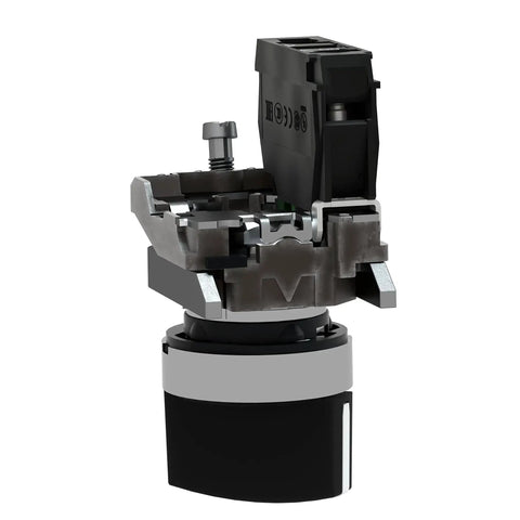Front view of XB4BD21 2 Position Selector Switch with metal bezel for industrial machinery, 22mm panel mount, rugged black modular switch.