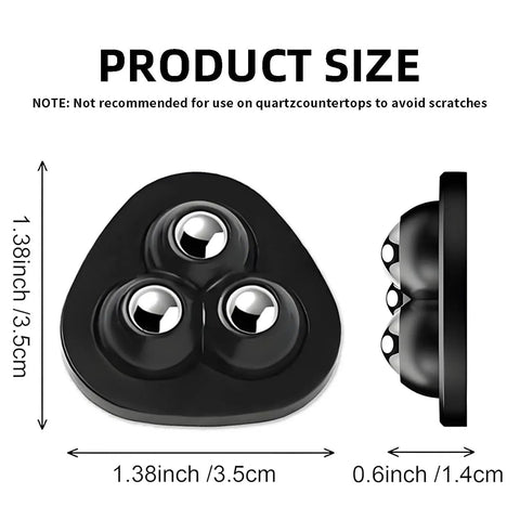Product size diagram showing 8 Pack Self Adhesive Appliance Sliders With 360 Degree Swivel Mini Caster Wheels, black, 1.38 inches wide.