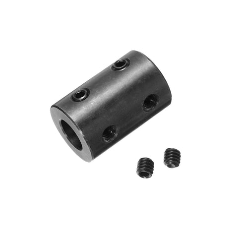 Black oxide steel shaft coupling, 1/2 bore, 1 inch OD, 1-1/2 inch length with two set screws.