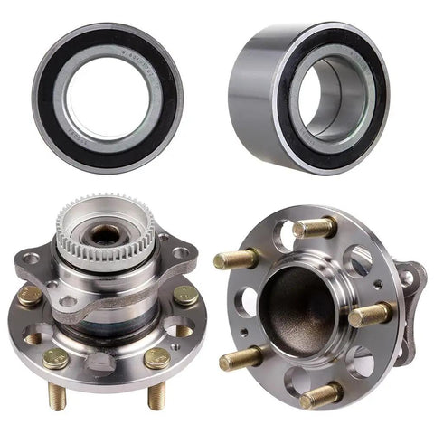 Close-up of 4 Pack Front And Rear Wheel Hub Assembly With Wheel Bearing Replacement Non ABS 5 Lug Fits Hyundai Elantra 2011 2016 Veloster 2012 2016 Kia Forte Forte Koup 2014 2016 Forte5 2014 2016, showing two complete hub assemblies and two bearings.